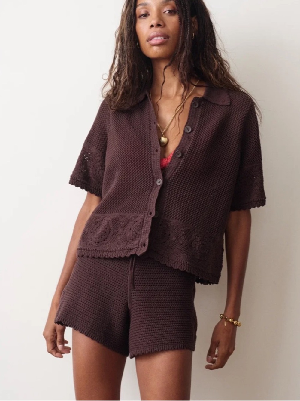 Marine Layer Black Knit Short Set with Lace Trim
